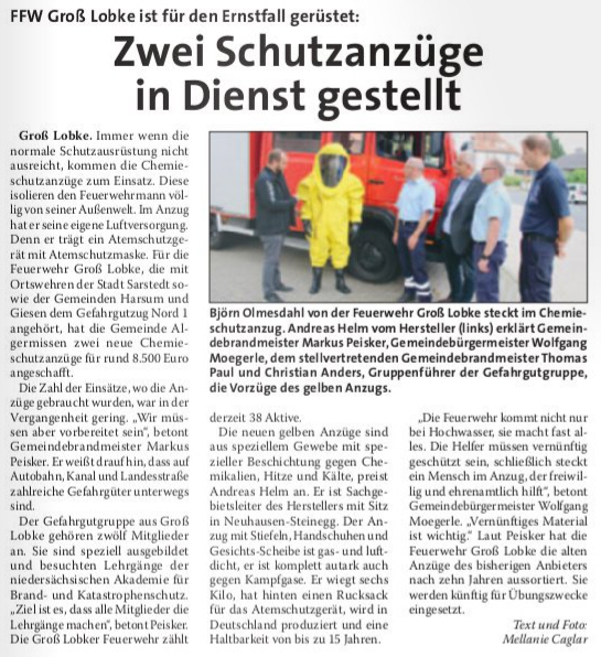 Algermissener Gemeindebote 23.08.2017 Feuerwehr Übergabe Schutzanzüge