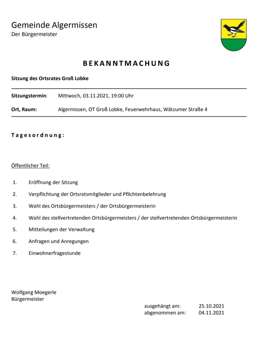 Einladung Ortsratssitzung 03.11.2021